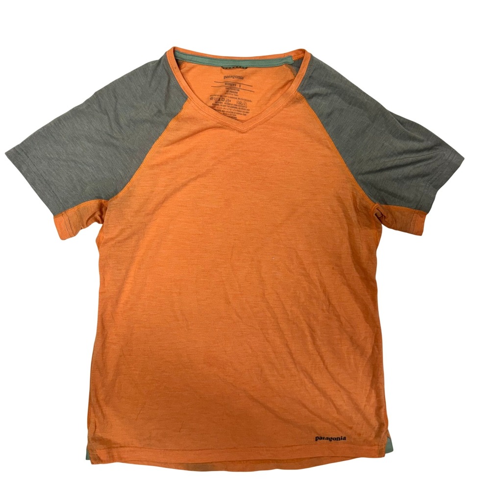 Patagonia Womens Capilene Daily V-Neck Tee Orange Grey Raglan Shirt Small